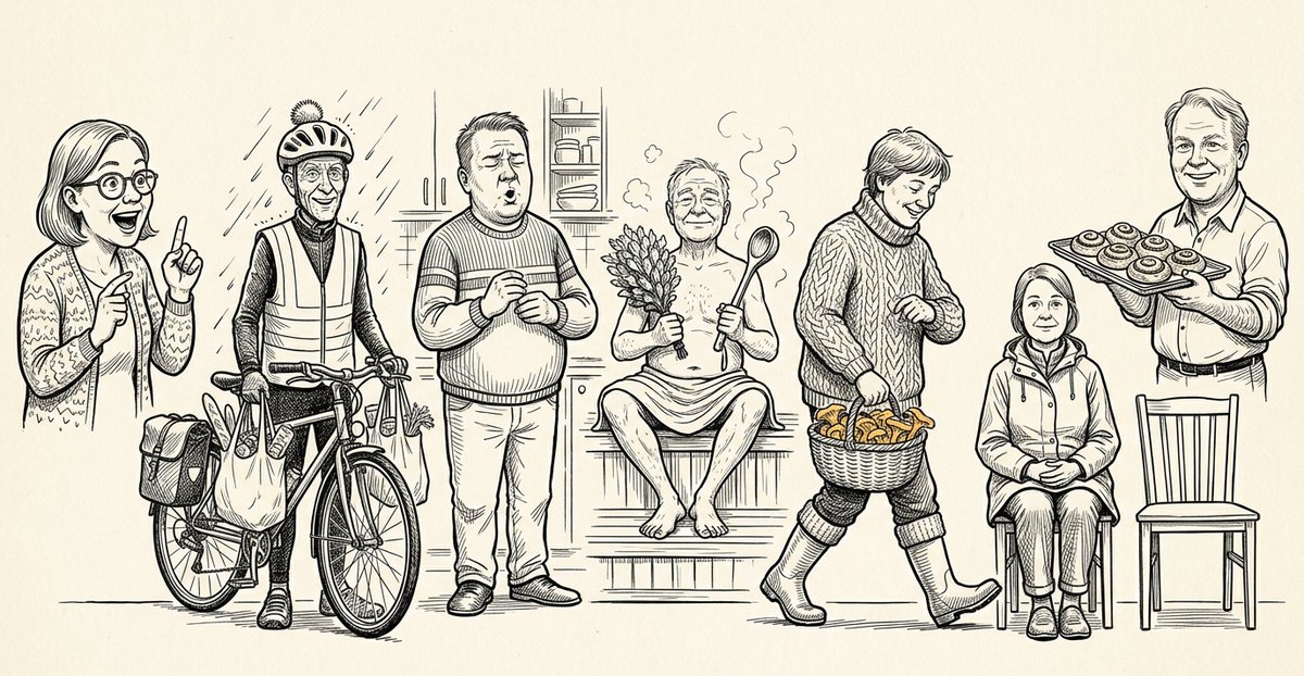 Seven Finns in a line, each happy in a completely different way